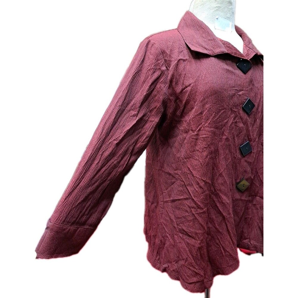 Ali Miles Shirt Jacket Burgundy Crinkle Bold Buttons Artsy Retro Top MP - Picture 5 of 9